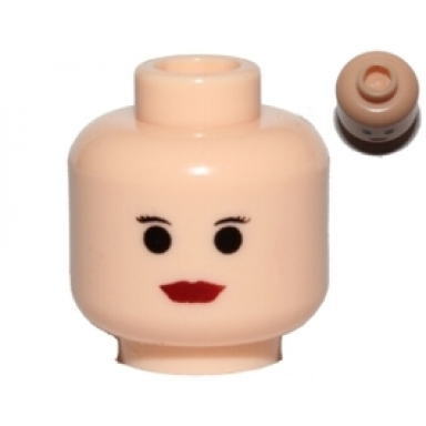 light nougat minifigure head female black thin eyebrows eyelashes large eyes red lips pattern