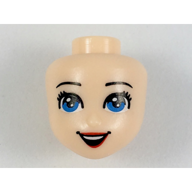 light nougat mini doll head friends with black eyebrows eyelashes medium blue eyes red lips and open mouth smile with top teeth pattern