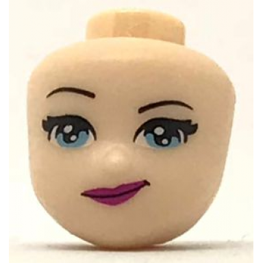 light nougat mini doll head friends with bright light blue eyes and magenta lips with smirk pattern