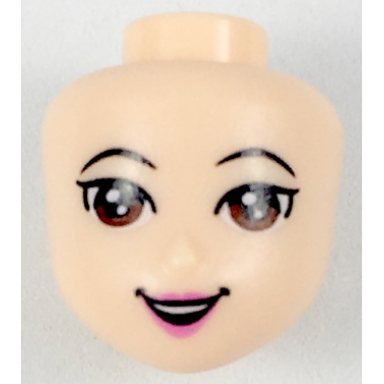 light nougat mini doll head friends with black eyebrows thin reddish brown eyes dark pink lips open mouth smile with top teeth pattern