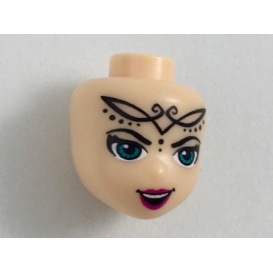 light nougat mini doll head friends with dark turquoise eyes open mouth smile and elves tribal pattern noctura