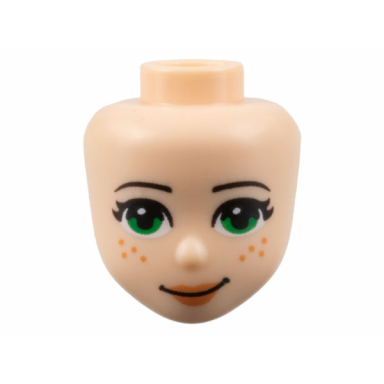 light nougat mini doll head friends with thin black eyebrows green eyes nougat lips and 8 freckles and lopsided closed mouth smile pattern