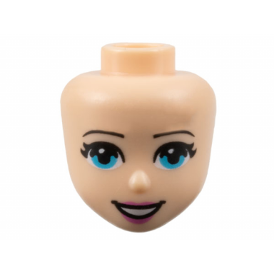 light nougat mini doll head friends with medium azure eyes dark pink lips and open mouth smile with teeth pattern