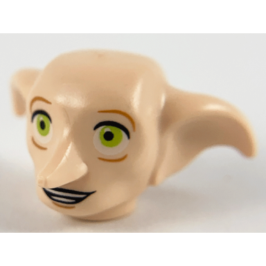 light nougat minifigure head modified dobby type 2 with lime eyes detailed and smile showing teeth pattern