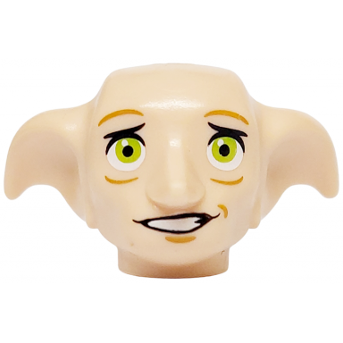 light nougat minifigure head modified dobby with lime eyes and lopsided open mouth smile with teeth pattern