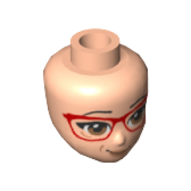 light nougat mini doll head friends with glasses with red frame black raised eyebrows brown eyes peach lips with lopsided smile pattern
