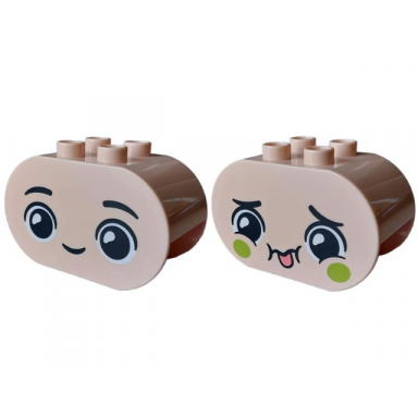 light nougat duplo brick 2 x 4 x 2 rounded ends with faces with black eyebrows lime cheeks closed mouth smile coral tongue sticking out pattern