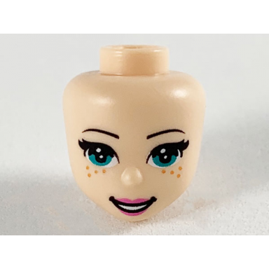 light nougat mini doll head friends with dark turquoise eyes dark orange freckles dark pink lips and open mouth pattern