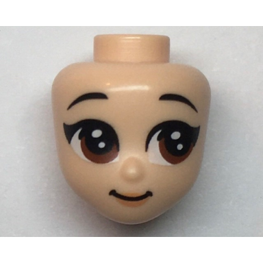 light nougat mini doll head friends with black eyebrows raised large reddish brown eyes nougat lips grin pattern