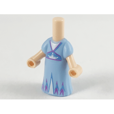 light nougat micro doll body with molded bright light blue dress and printed medium blue and medium lavender trim white triangular panels and half snowflake pattern