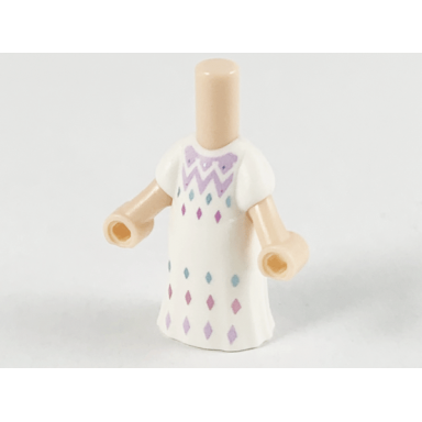 light nougat micro doll body with molded white dress and printed lavender metallic light blue and metallic pink diamonds zigzag lines pattern