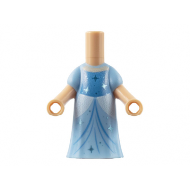 micro doll body with molded bright light blue dress and printed medium blue panel and gathers white sides metallic light blue sparkles and dots light nougat neck pattern