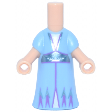 light nougat micro doll body with molded bright light blue dress and printed metallic light blue and medium lavender trim with center line white triangular panels and half snowflake pattern