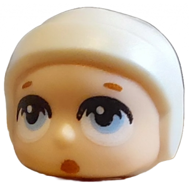 light nougat mini doll head modified baby toddler with molded white cap and printed dark orange eyebrows and bright light blue eyes pursed lips pattern
