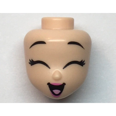 light nougat mini doll head friends with black eyebrows raised eyelashes large closed eyes dark pink lips and open mouth smile with bright pink tongue pattern