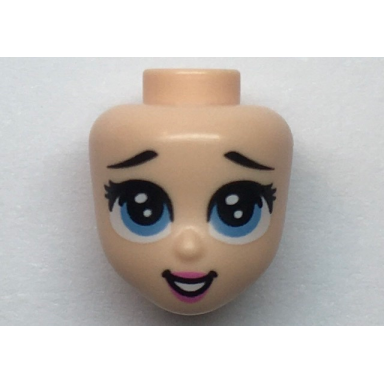 light nougat mini doll head friends with black eyebrows raised eyelashes large medium blue eyes dark pink lips and open mouth smile with teeth pattern