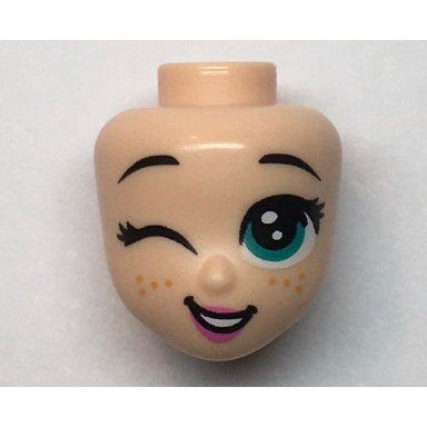 light nougat mini doll head friends with dark turquoise large eyes right wink raised eyebrows freckles and open mouth smile pattern anna