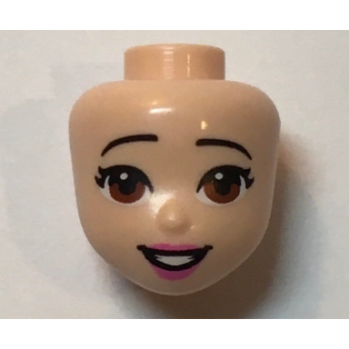 light nougat mini doll head friends with black raised offset eyebrows brown eyes dark pink lips and open mouth pattern