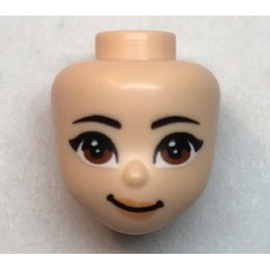 light nougat mini doll head friends with black eyebrows rounded end reddish brown eyes nougat lips lopsided grin pattern