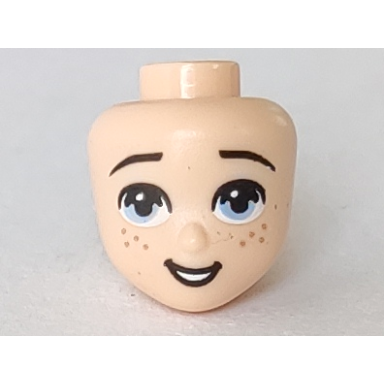 light nougat mini doll head friends with bright light blue eyes smiling and freckles pattern