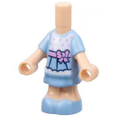 light nougat micro doll body with molded bright light blue short layered dress and shoes and printed bright pink polka dots on white shirt ribbon with bow pattern