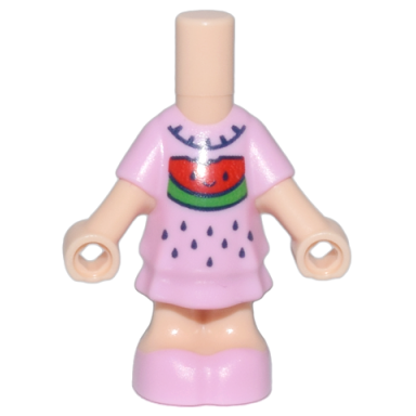 light nougat micro doll body with molded bright pink short layered dress and shoes and printed dark blue collar and seeds red and green watermelon with face pattern