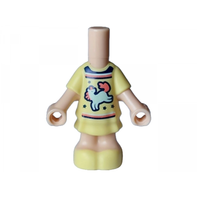 light nougat micro doll body with molded bright light yellow short layered dress and shoes and printed black collar and stars and light aqua horse unicorn with coral tail pattern