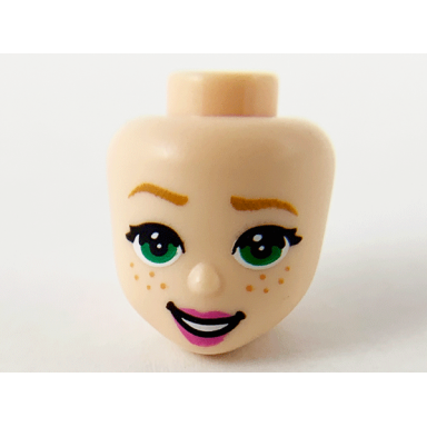 light nougat mini doll head friends with medium nougat eyebrows right riased green eyes freckles and dark pink lips pattern