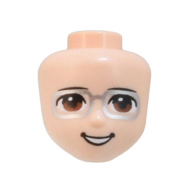 light nougat mini doll head friends with black thin eyebrows reddish brown eyes silver glasses and open mouth smile with teeth pattern