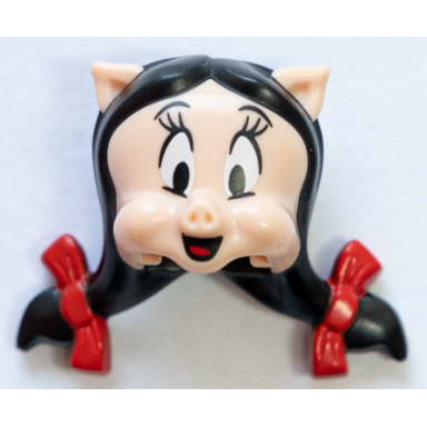 light nougat minifigure head modified looney tunes petunia pig with black hair red bows and tongue pattern