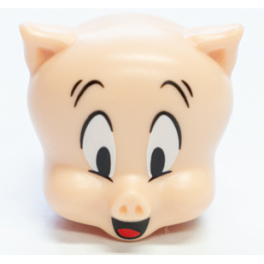 light nougat minifigure head modified looney tunes porky pig with red tongue black raised eyebrows and pupils pattern