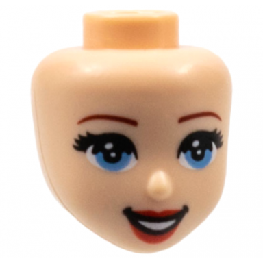 light nougat mini doll head friends with dark red eyebrows black eyelashes medium blue eyes red lips and open mouth smile with teeth pattern