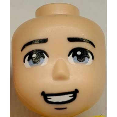 light nougat mini doll head friends male large with bright light blue eyes black eyebrows curved at ends open mouth smile and chin dimple pattern