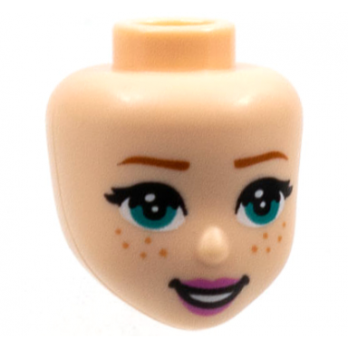light nougat mini doll head friends with dark turquoise eyes dark orange eyebrows freckles dark pink lips and open mouth smile pattern