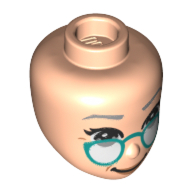 light nougat mini doll head friends with light bluish gray eyes and dark turquoise glasses pattern