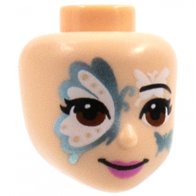 light nougat mini doll head friends with black eyebrow metallic light blue and white butterfly face paint reddish brown eyes dark pink lips pattern