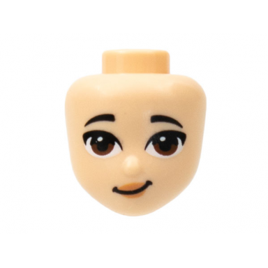 light nougat mini doll head friends with black eyebrows reddish brown eyes peach lips lopsided smile pattern emma