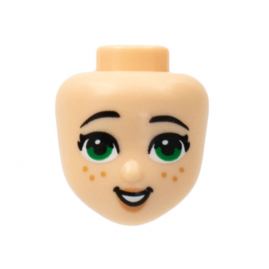 light nougat mini doll head friends with black eyebrows green eyes medium nougat freckles nougat lips open mouth smile with teeth pattern