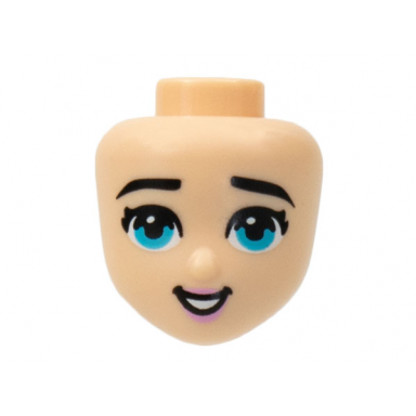 light nougat mini doll head friends with black eyebrows eyelashes medium azure eyes bright pink lips open mouth smile with teeth pattern