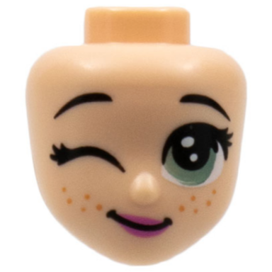 light nougat mini doll head friends with black eyebrows large sand green eyes right wink freckles dark pink lips pattern luisa