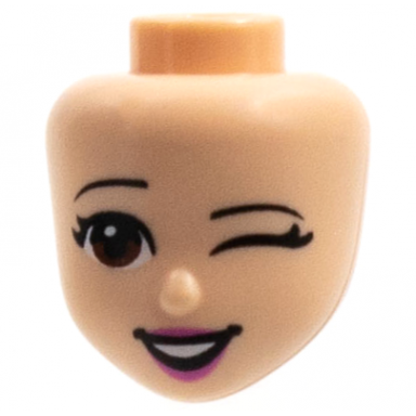light nougat mini doll head friends with reddish brown eyes left wink dark pink lips and open mouth smile pattern