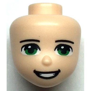light nougat mini doll head friends with black thin eyebrows green eyes and open mouth smile with teeth pattern