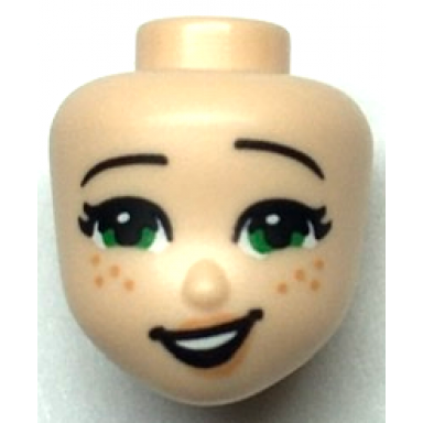 light nougat mini doll head friends with green eyes black eyebrows open mouth lopsided smile and freckles pattern