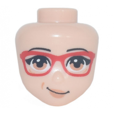 light nougat mini doll head friends with glasses with red frame black eyebrows medium nougat eyes and lips with lopsided smile pattern