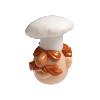 light nougat minifigure head modified muppet swedish chef with white toque dark orange hair and moustache pattern