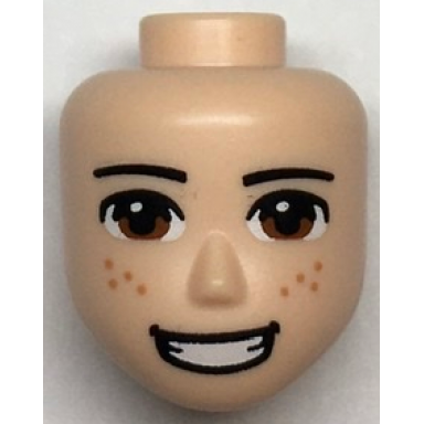 light nougat mini doll head friends male large with black thin eyebrows reddish brown eyes nougat freckles and open mouth smile with teeth pattern