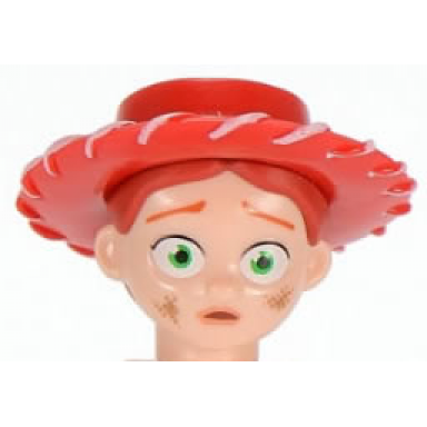 light nougat minifigure head modified female with red hat and ponytail dirt stains pattern jessie