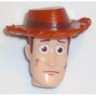 light nougat minifigure head modified male with dark orange hat and dirt stains pattern woody