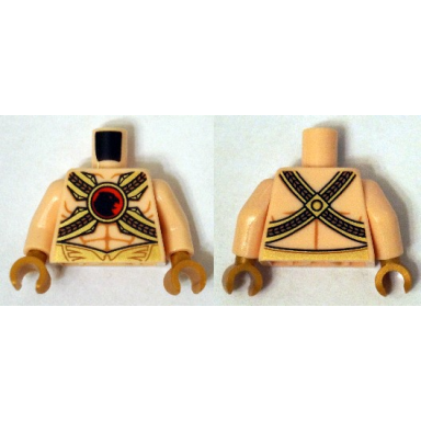 light nougat torso muscles outline with gold belts and red buckle with black hawk pattern light nougat arms pearl gold hands