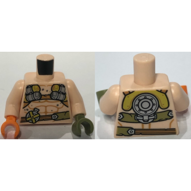 light nougat torso bare chest with muscles outline harness and belt with silver canteen pattern light nougat arms olive green hand left orange hand right